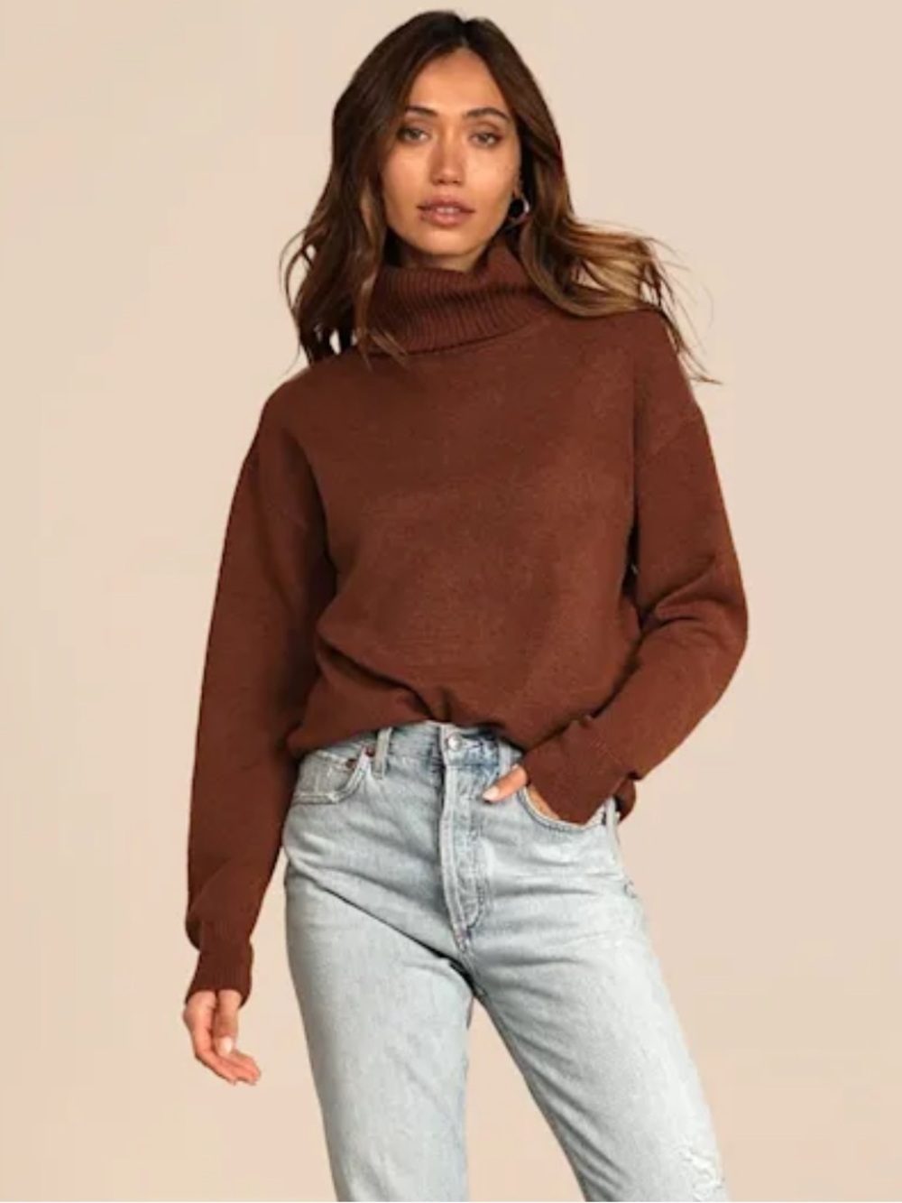 Lulus Amazing Memories Brown Cowl Neck Sweater - Size S